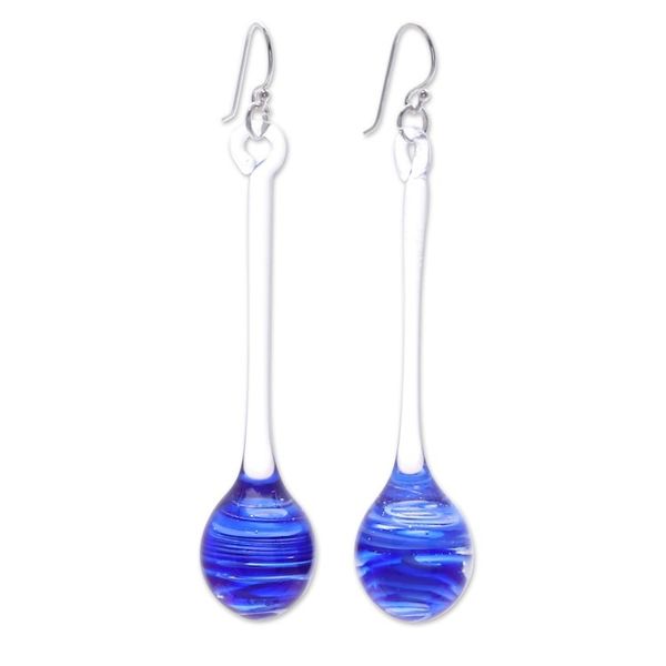 Alternate image for Handblown Abstract Clear and Blue Glass Dangle Earrings Blue Pendulum