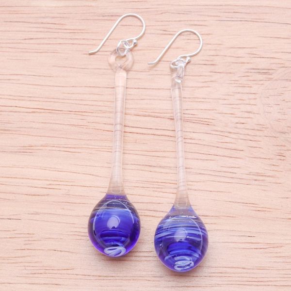 Alternate image for Handblown Abstract Clear and Blue Glass Dangle Earrings Blue Pendulum