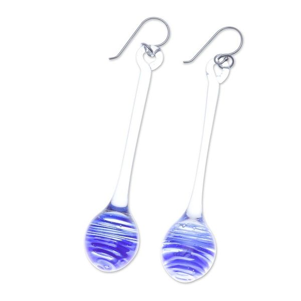 Alternate image for Handblown Abstract Clear and Blue Glass Dangle Earrings Blue Pendulum
