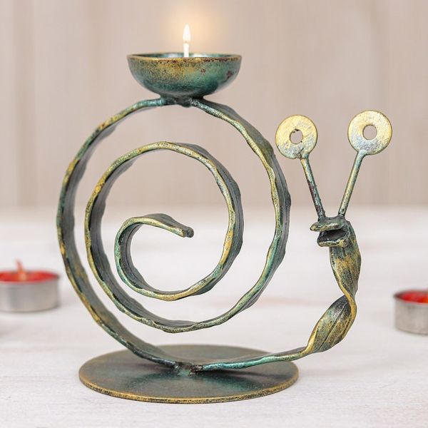 Alternate image for Handcrafted Iron Snail Tealight Holder with Antique Finish Happy Snail in Green