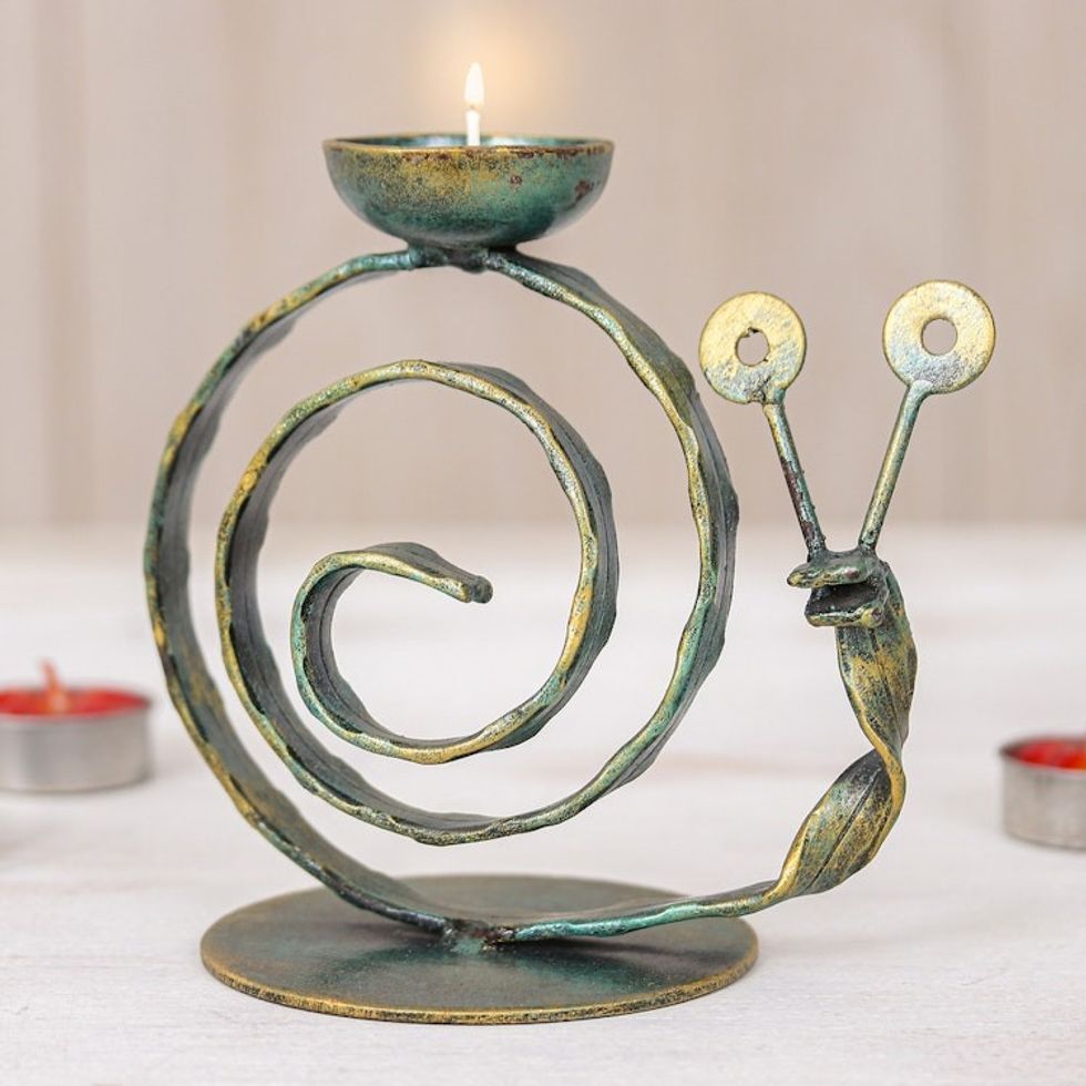 Handcrafted Iron Snail Tealight Holder with Antique Finish 'Happy Snail in Green'