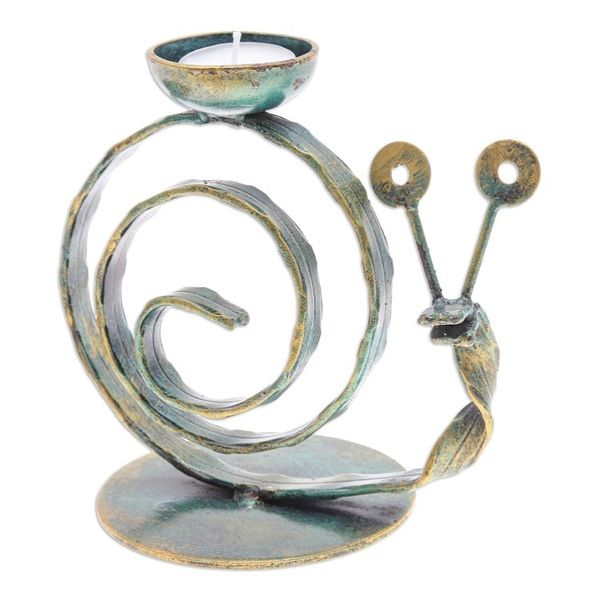 Alternate image for Handcrafted Iron Snail Tealight Holder with Antique Finish Happy Snail in Green