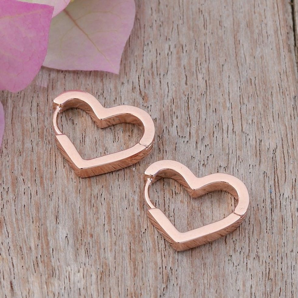 Polished Heart-Themed 18k Rose Gold-Plated Hoop Earrings 'Rose Gold of Love'
