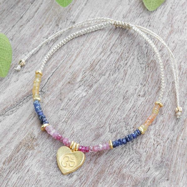 Alternate image for Sapphire Macrame Bracelet with Gold-Plated Om Symbol Pendant Heart Om