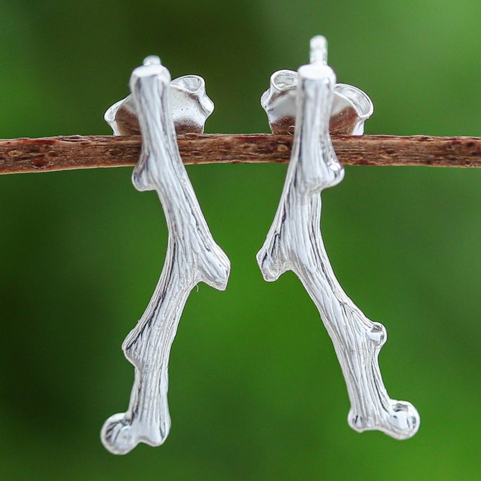 Nature-Themed Brushed-Satin Sterling Silver Drop Earrings 'The Timber'