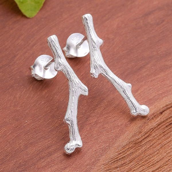 Alternate image for Nature-Themed Brushed-Satin Sterling Silver Drop Earrings The Timber