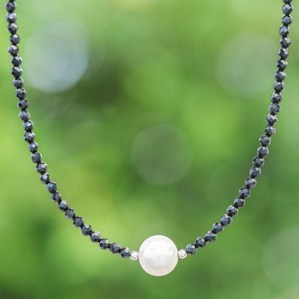 Thai Spinel Beaded Necklace with Cultured Pearl Pendant 'Black and White Magic'