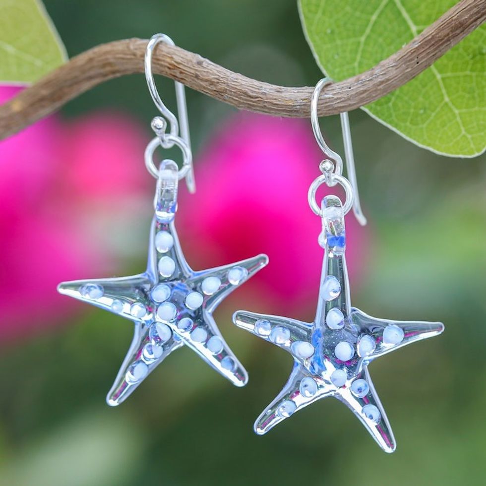 Light Blue White Handblown Glass Starfish Dangle Earrings 'Light Blue Starfish'