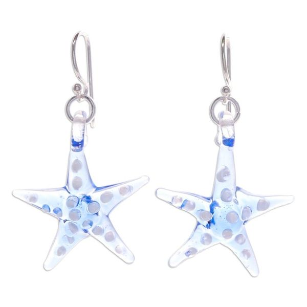 Alternate image for Light Blue White Handblown Glass Starfish Dangle Earrings Light Blue Starfish