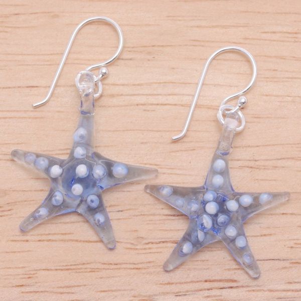Alternate image for Light Blue White Handblown Glass Starfish Dangle Earrings Light Blue Starfish