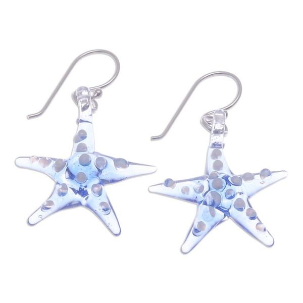 Alternate image for Light Blue White Handblown Glass Starfish Dangle Earrings Light Blue Starfish