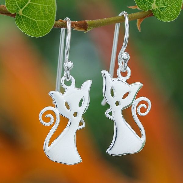 Alternate image for Cat-Shaped Sterling Silver Dangle Earrings from Thailand Cat Appeal