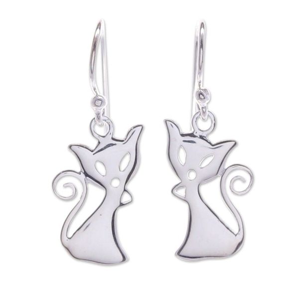 Alternate image for Cat-Shaped Sterling Silver Dangle Earrings from Thailand Cat Appeal