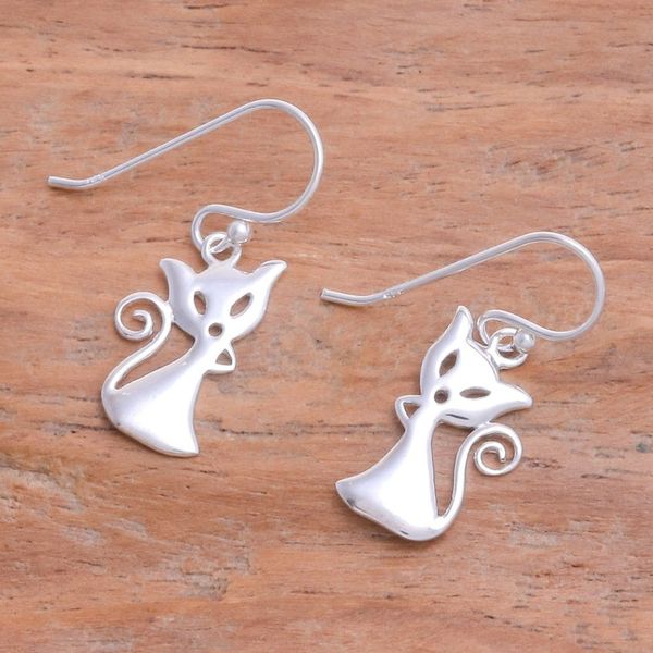 Alternate image for Cat-Shaped Sterling Silver Dangle Earrings from Thailand Cat Appeal
