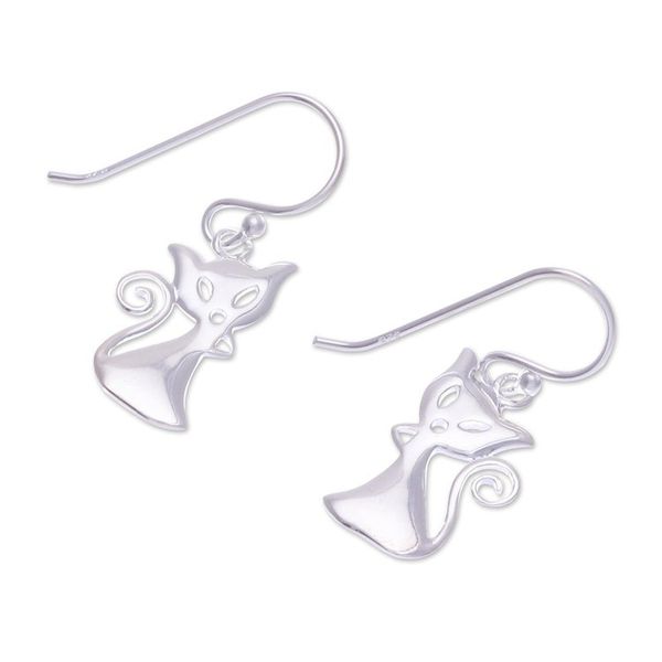Alternate image for Cat-Shaped Sterling Silver Dangle Earrings from Thailand Cat Appeal