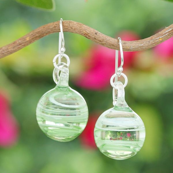 Alternate image for Handblown Glass Dangle Earrings with Green White Spirals Green Ball