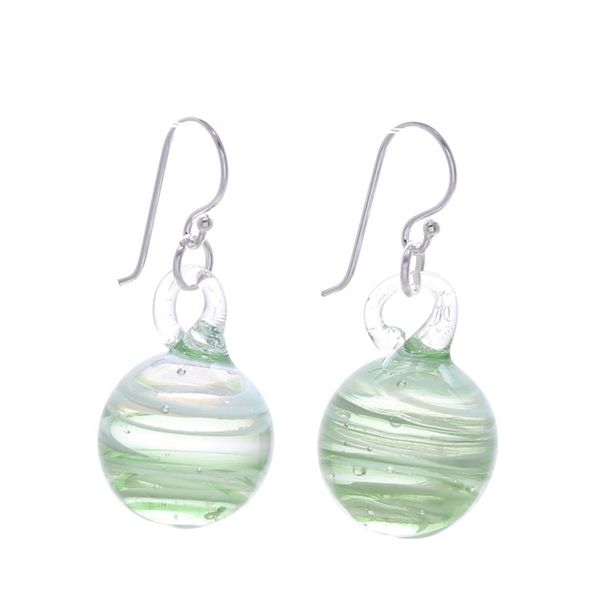 Alternate image for Handblown Glass Dangle Earrings with Green White Spirals Green Ball