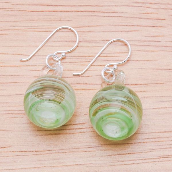 Alternate image for Handblown Glass Dangle Earrings with Green White Spirals Green Ball