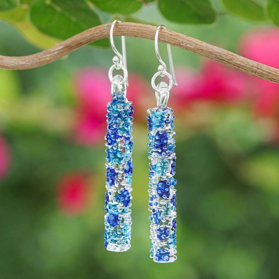 Modern Handblown Glass Stick Dangle Earrings in Blue Hues 'Blue Stick'