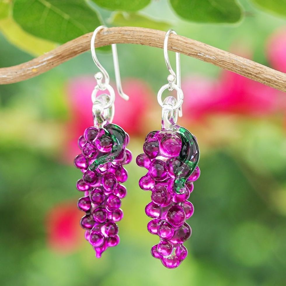 Grape Themed Handblown Glass Dangle Earrings in Purple 'Purple Grapes'