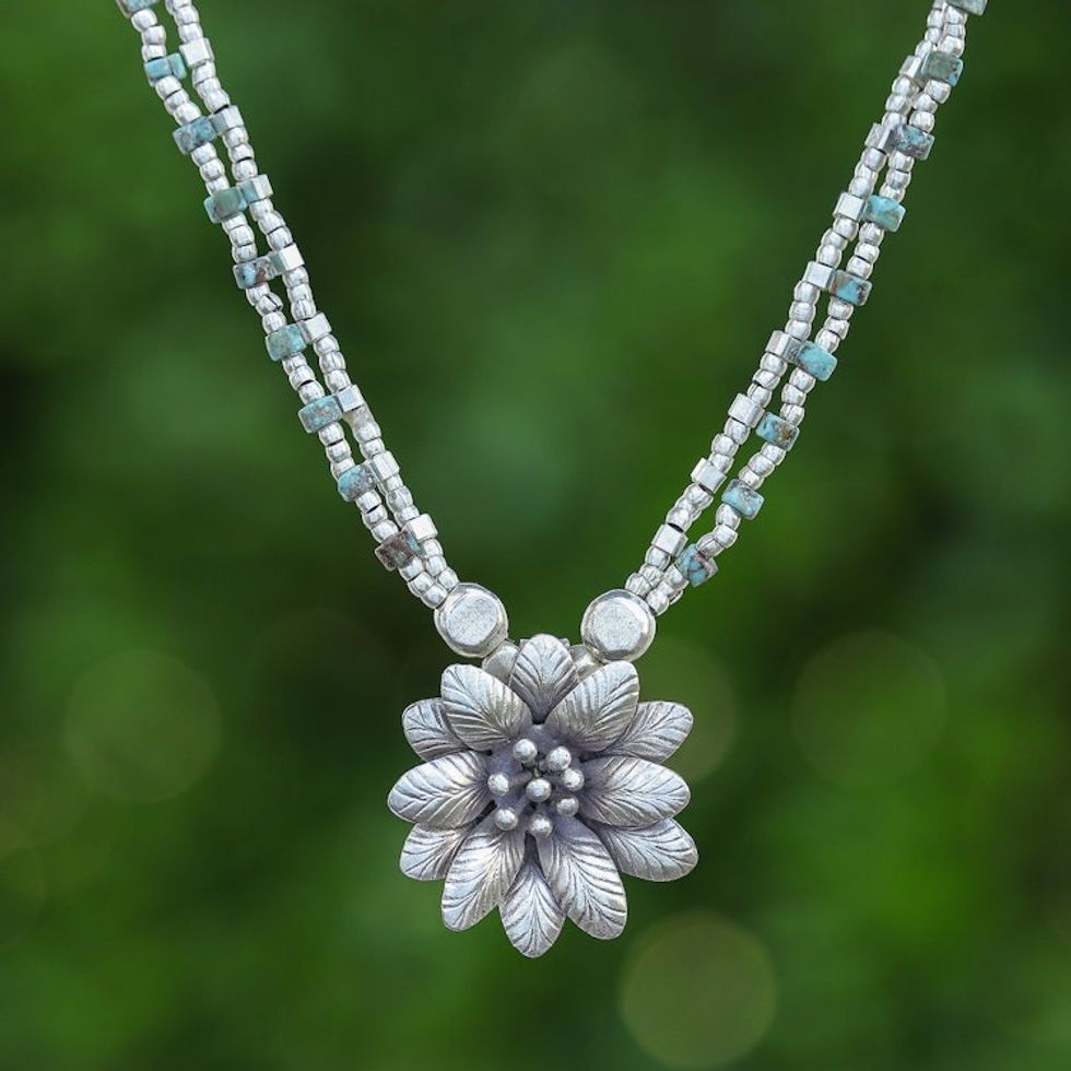 Folk Art Silver and Recon Turquoise Floral Pendant Necklace 'Hill Spring'