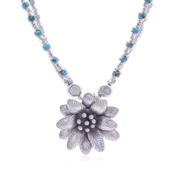 Alternate image for Folk Art Silver and Recon Turquoise Floral Pendant Necklace Hill Spring