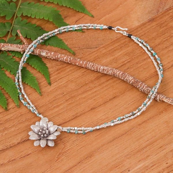 Alternate image for Folk Art Silver and Recon Turquoise Floral Pendant Necklace Hill Spring