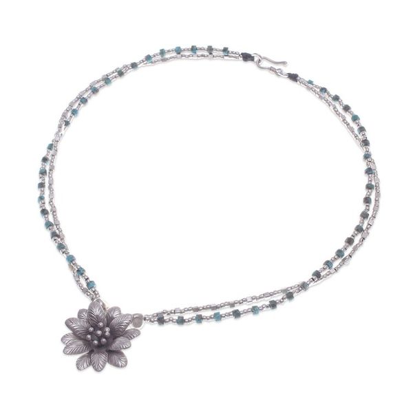Alternate image for Folk Art Silver and Recon Turquoise Floral Pendant Necklace Hill Spring