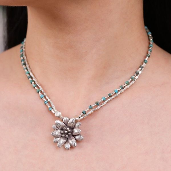 Alternate image for Folk Art Silver and Recon Turquoise Floral Pendant Necklace Hill Spring