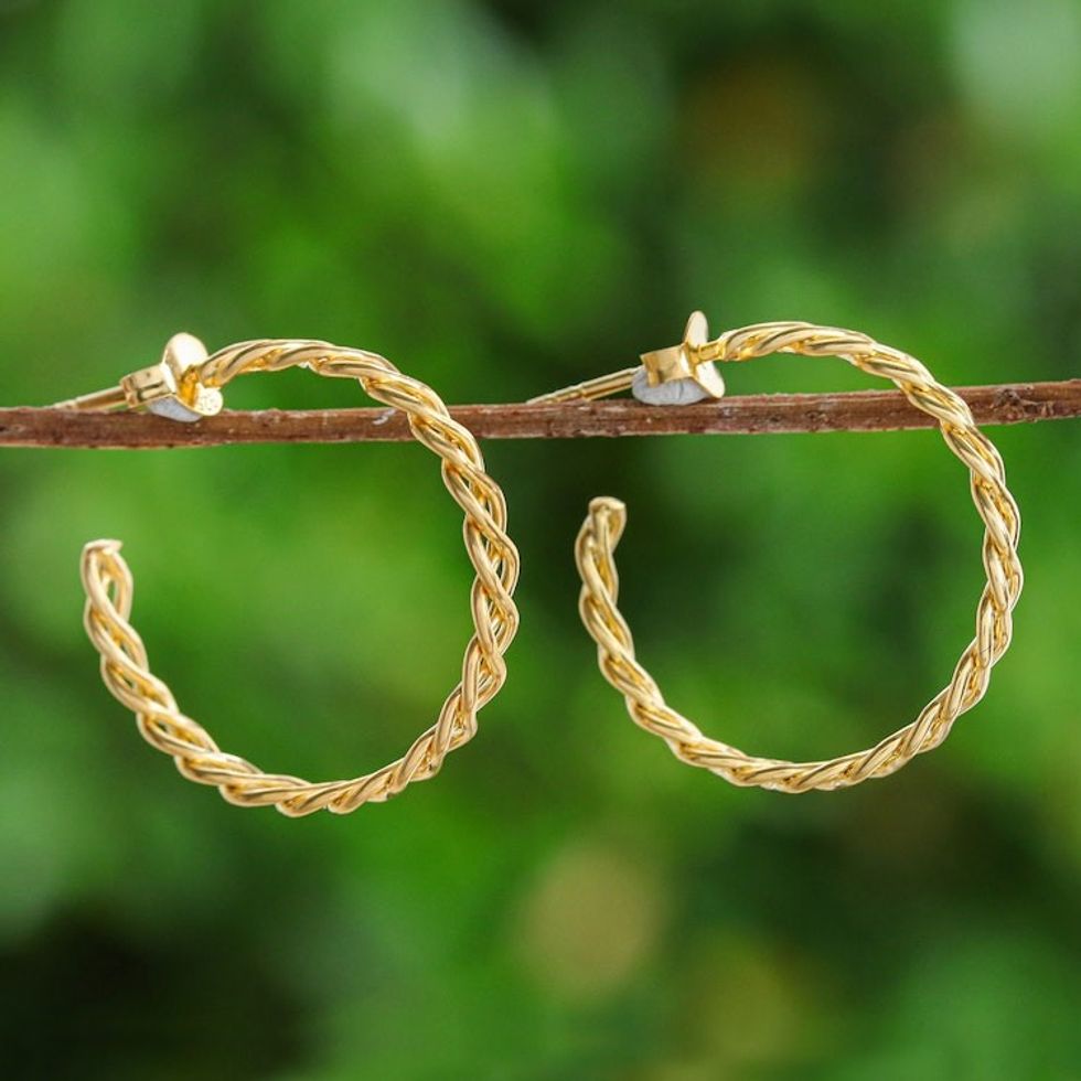 Rope-Shaped 18k Gold-Plated Half-Hoop Earrings from Thailand 'Arcadian Ropes'