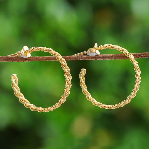 Alternate image for Rope-Shaped 18k Gold-Plated Half-Hoop Earrings from Thailand Arcadian Ropes
