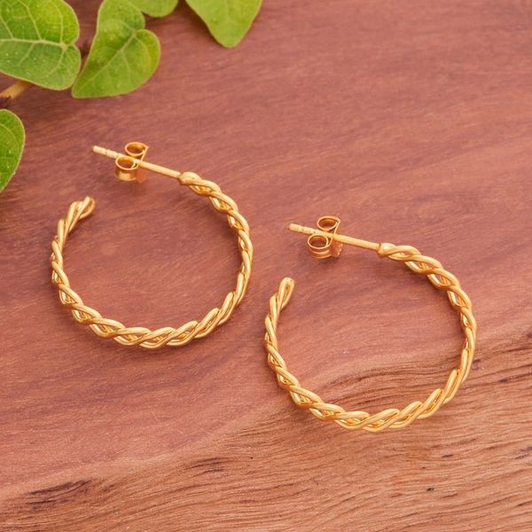 Alternate image for Rope-Shaped 18k Gold-Plated Half-Hoop Earrings from Thailand Arcadian Ropes