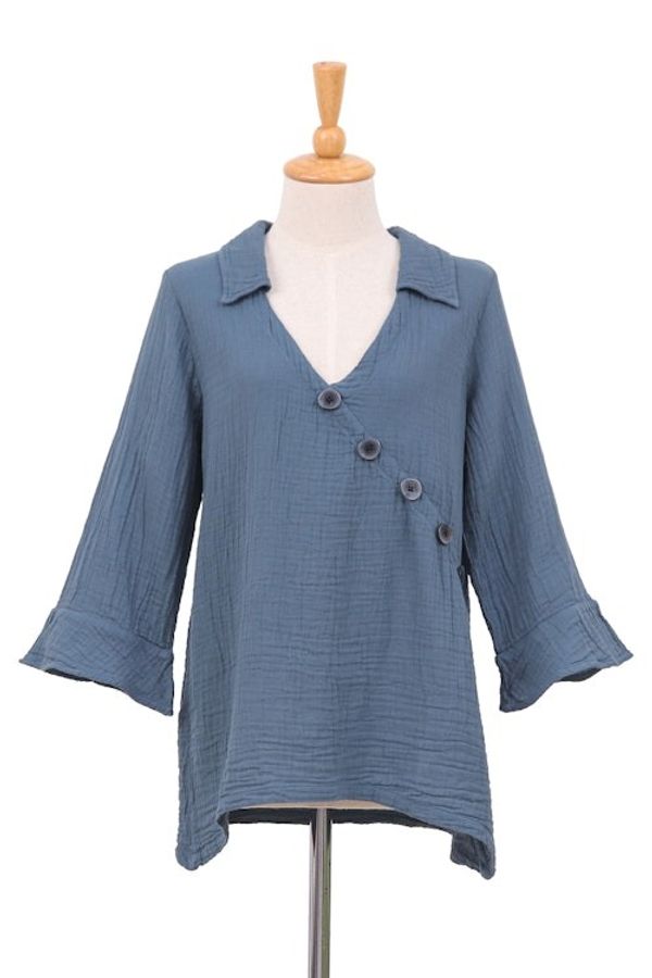 Alternate image for Blue Three Quarter Sleeve Sidetail Double Cotton Gauze Tunic Chic Asymmetry in Dusty Teal