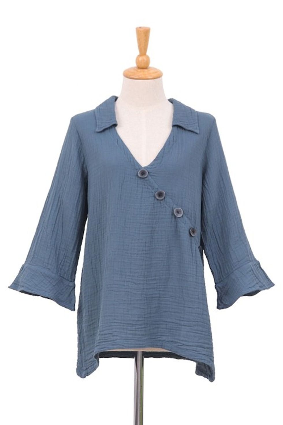 Blue Three Quarter Sleeve Sidetail Double Cotton Gauze Tunic 'Chic Asymmetry in Dusty Teal'