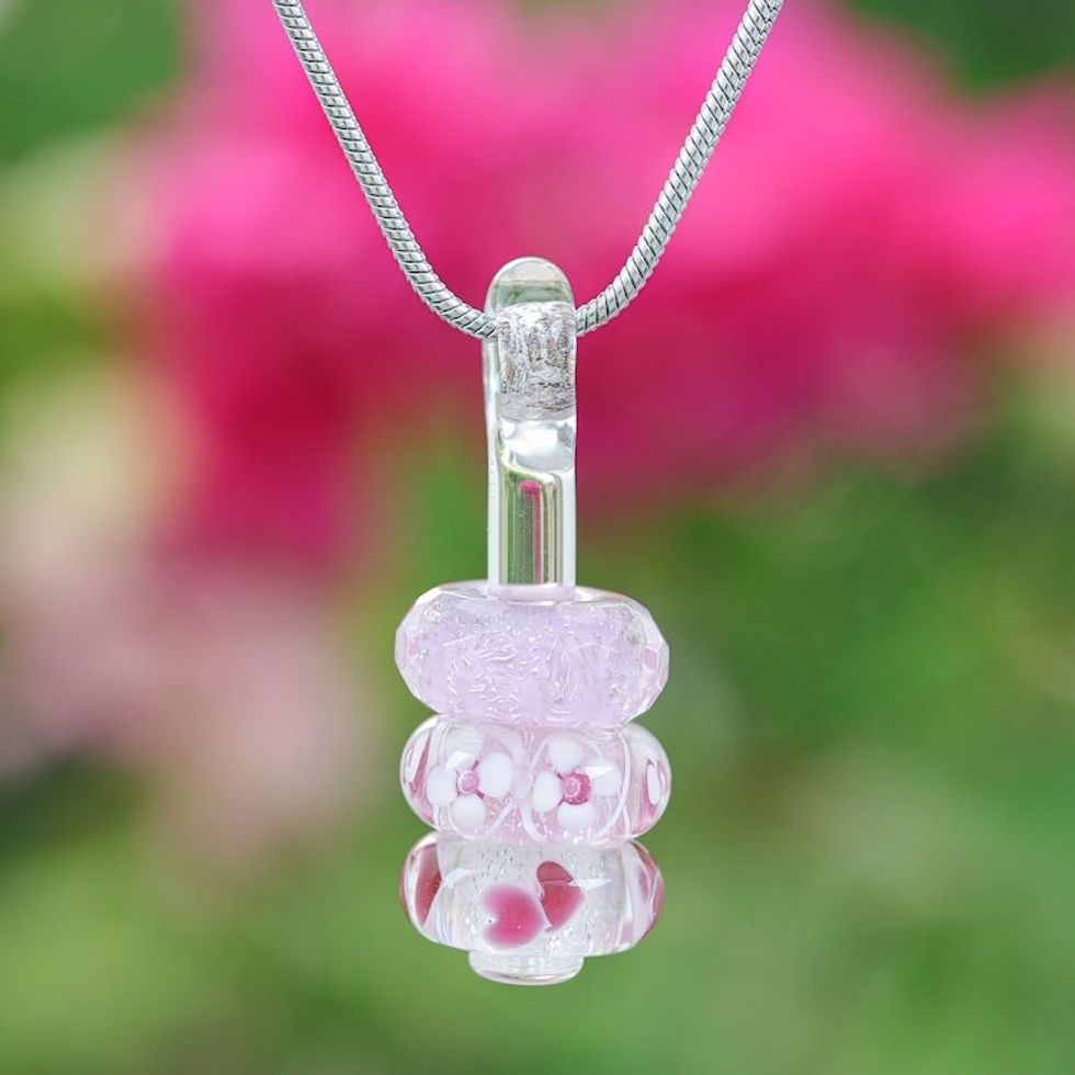 Floral Pink Glass Beaded Pendant Necklace from Thailand 'Pretty Amulets'