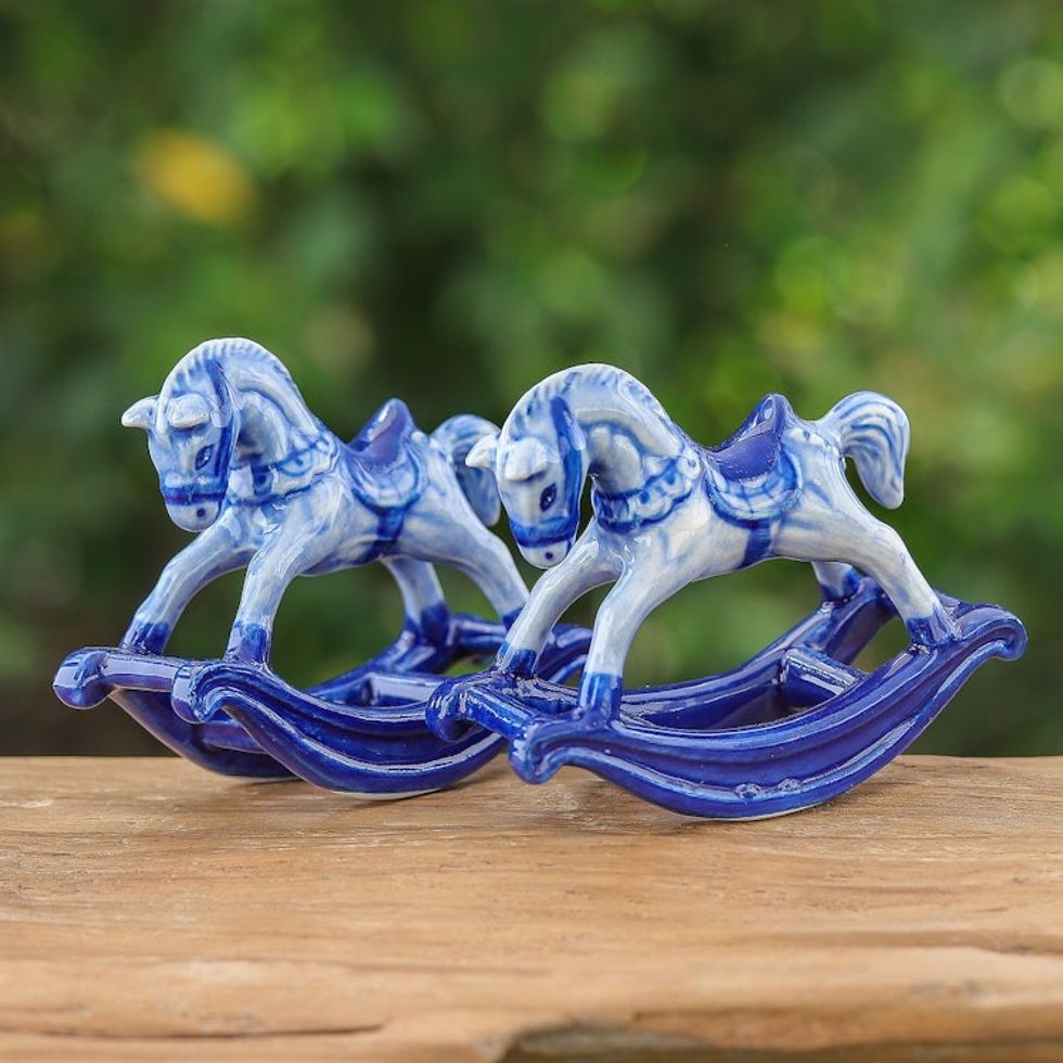 Blue and White Rocking Horse Ceramic Figurines Pair 'Blue Amusement'
