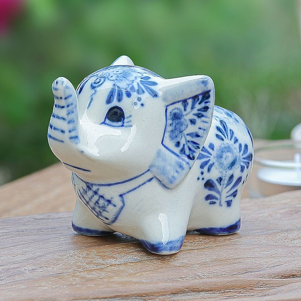 Floral Elephant-Shaped Blue and White Ceramic Statuette 'Little Joy'