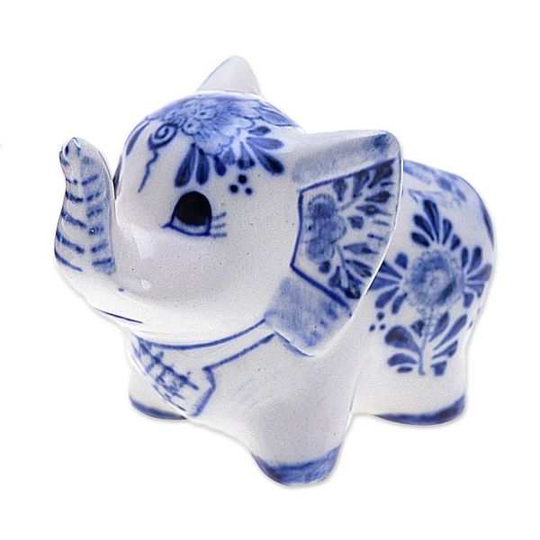 Alternate image for Floral Elephant-Shaped Blue and White Ceramic Statuette Little Joy
