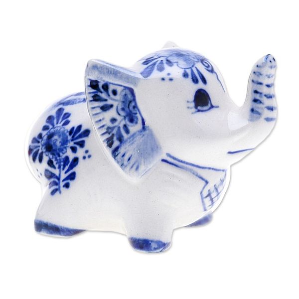 Alternate image for Floral Elephant-Shaped Blue and White Ceramic Statuette Little Joy