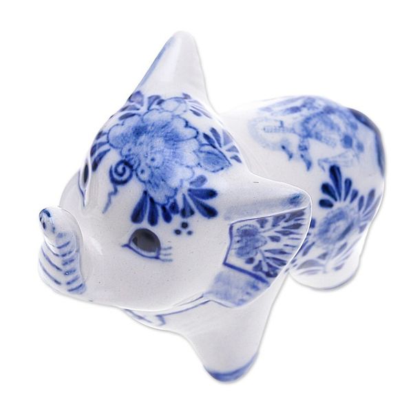 Alternate image for Floral Elephant-Shaped Blue and White Ceramic Statuette Little Joy