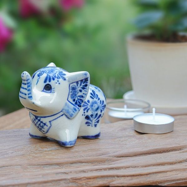 Alternate image for Floral Elephant-Shaped Blue and White Ceramic Statuette Little Joy