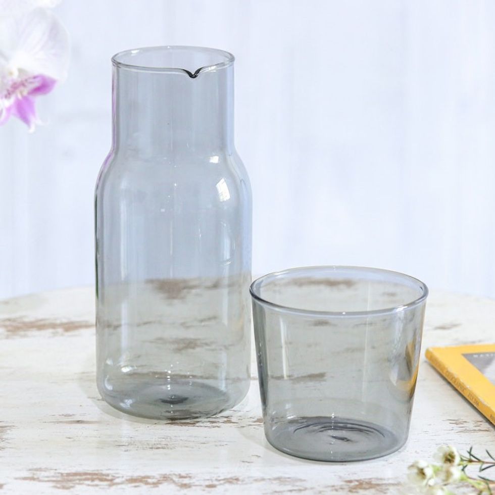 Handblown Clear Black Pitcher and Rocks Glass Set 'Misty Elixir'