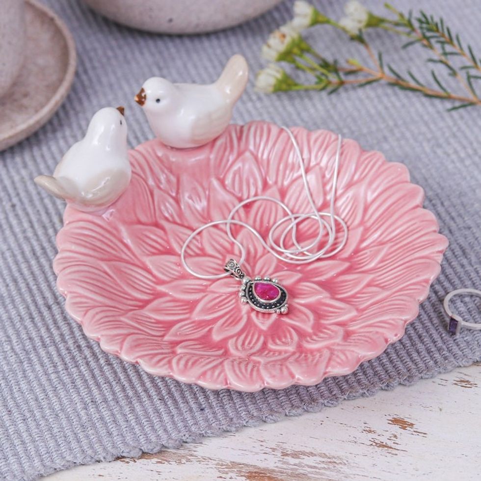 Handcrafted Bird-Themed Floral Pink Ceramic Catchall 'Sweet Birds'