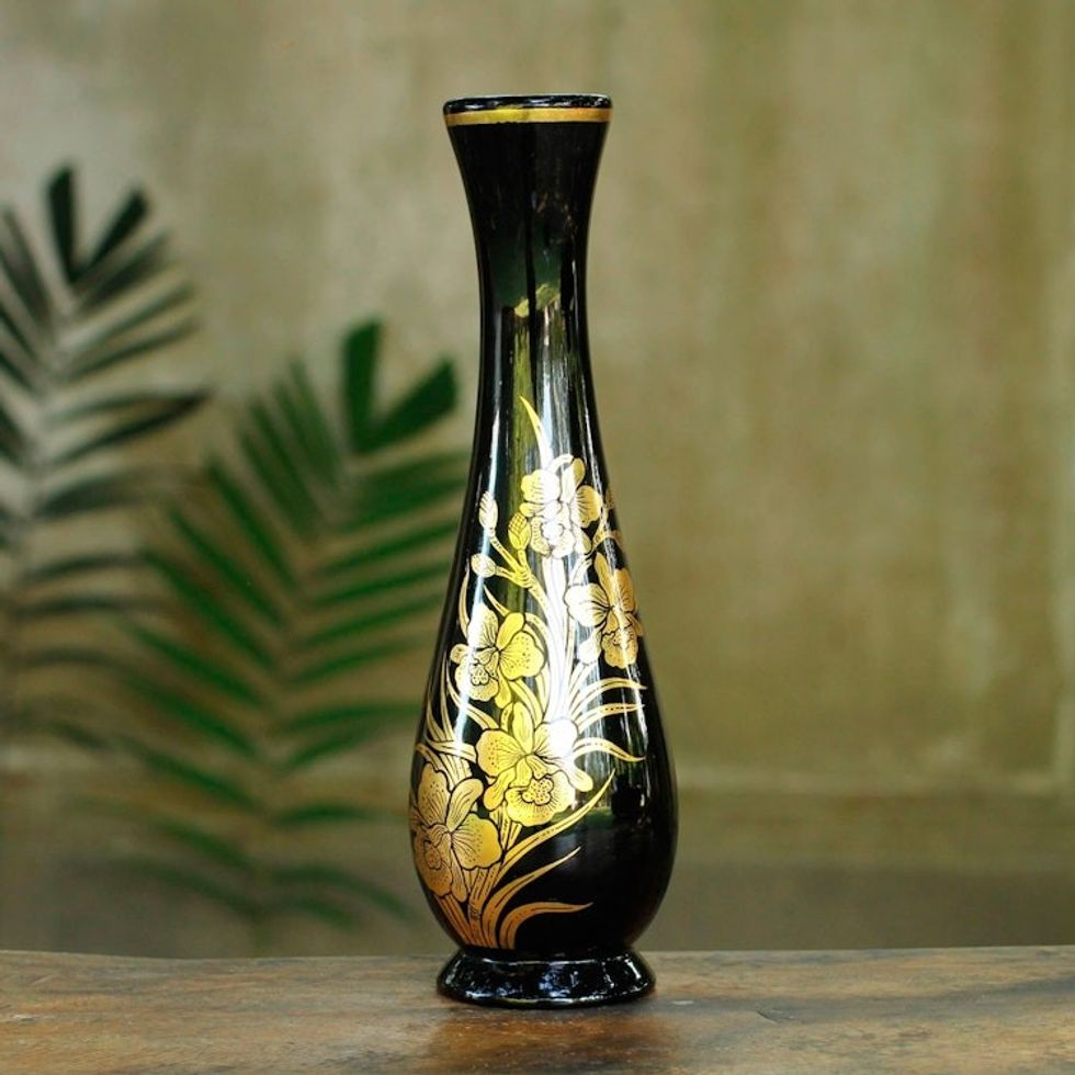 Hand Crafted Thai Lacquered Vase Gold Leaf Orchid 'Golden Orchid'