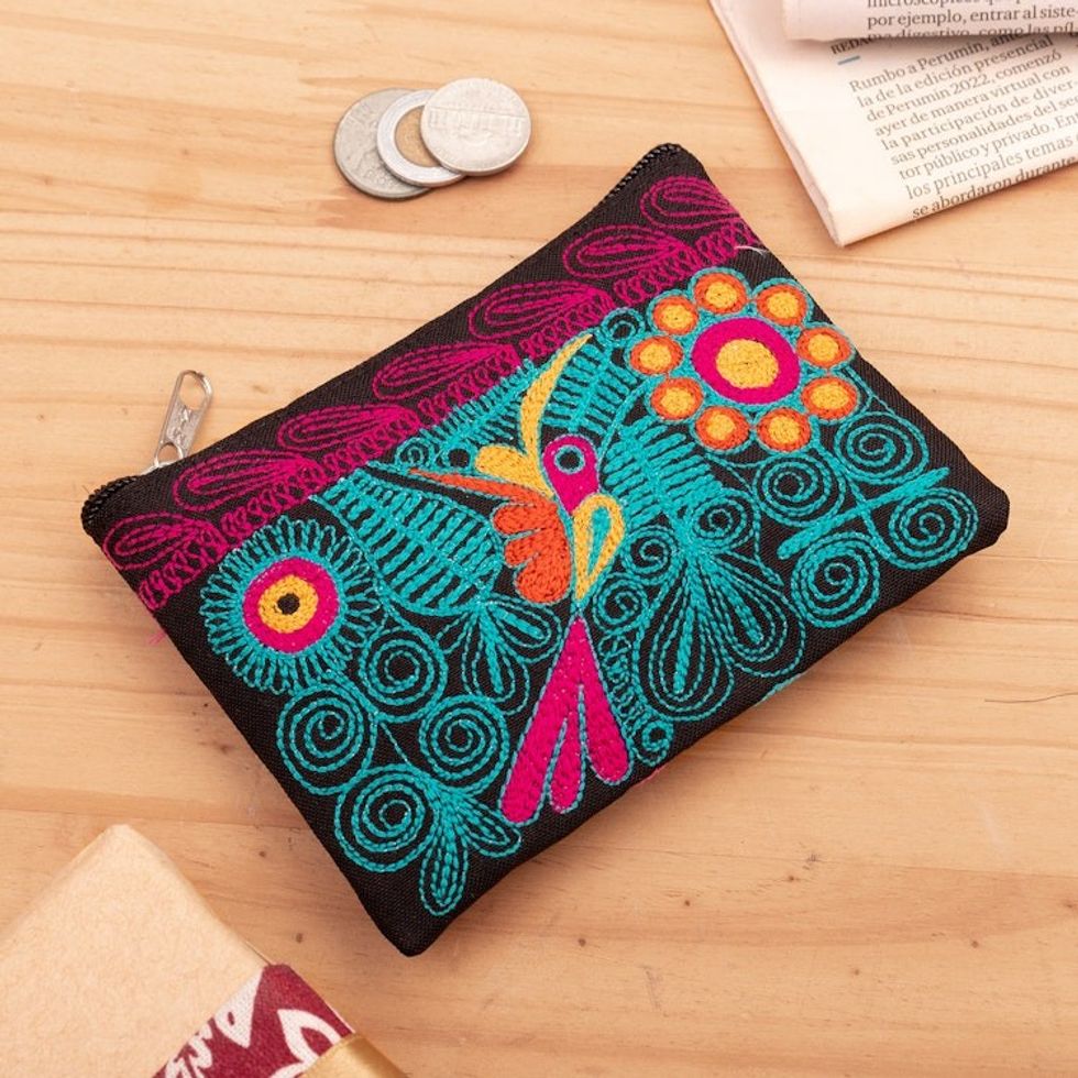 Turquoise and Fuchsia Embroidered Hummingbird Coin Purse 'Free Feathers'