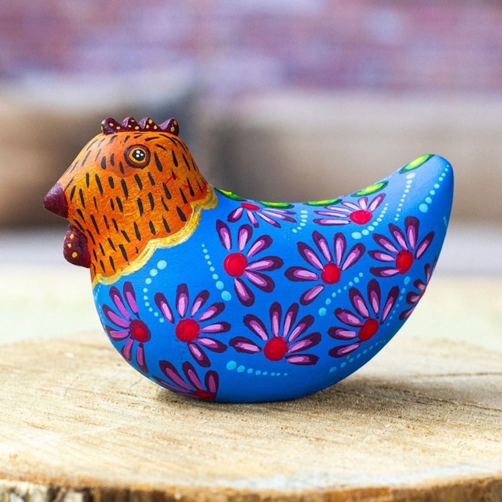 Mexican Hand-Painted Blue Orange Hen Wood Alebrije Figurine 'Blue Hen'
