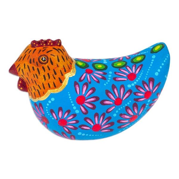 Alternate image for Mexican Hand-Painted Blue Orange Hen Wood Alebrije Figurine Blue Hen
