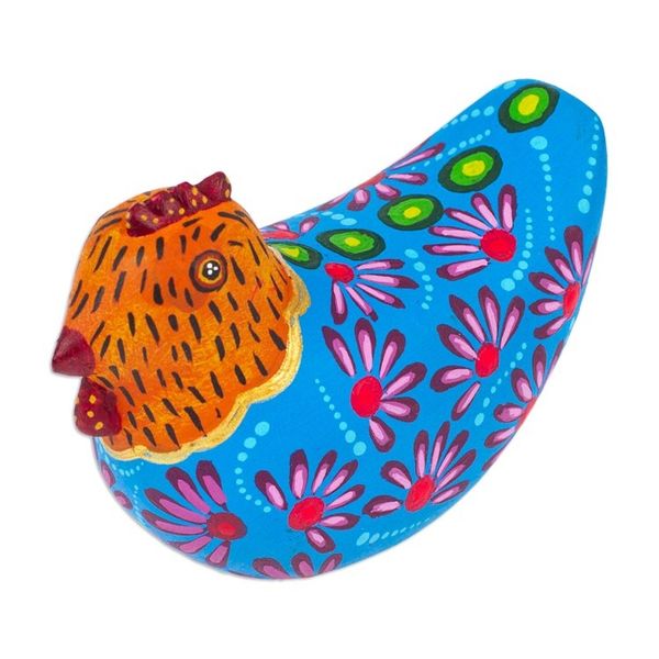 Alternate image for Mexican Hand-Painted Blue Orange Hen Wood Alebrije Figurine Blue Hen