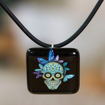 Alternate image for Decoupage on Glass Day of the Dead Catrina Pendant Necklace Butterfly Catrina
