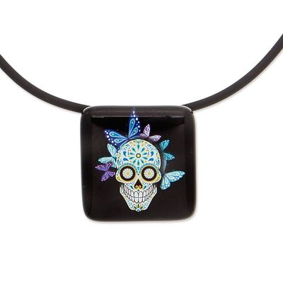 Alternate image for Decoupage on Glass Day of the Dead Catrina Pendant Necklace Butterfly Catrina